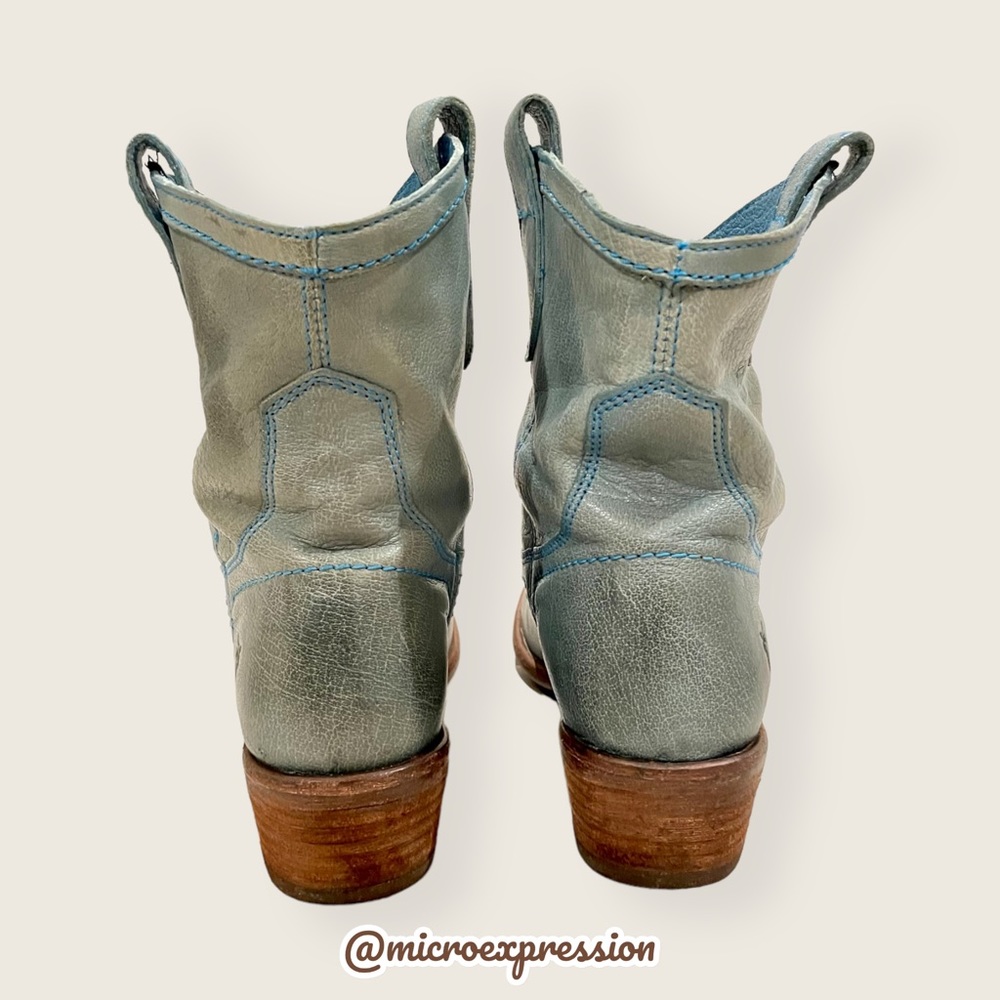 RARE Frye Carson Pull On Blue Leather Southern/Western Low Heel Cowgirl Boots - Picture 6 of 10